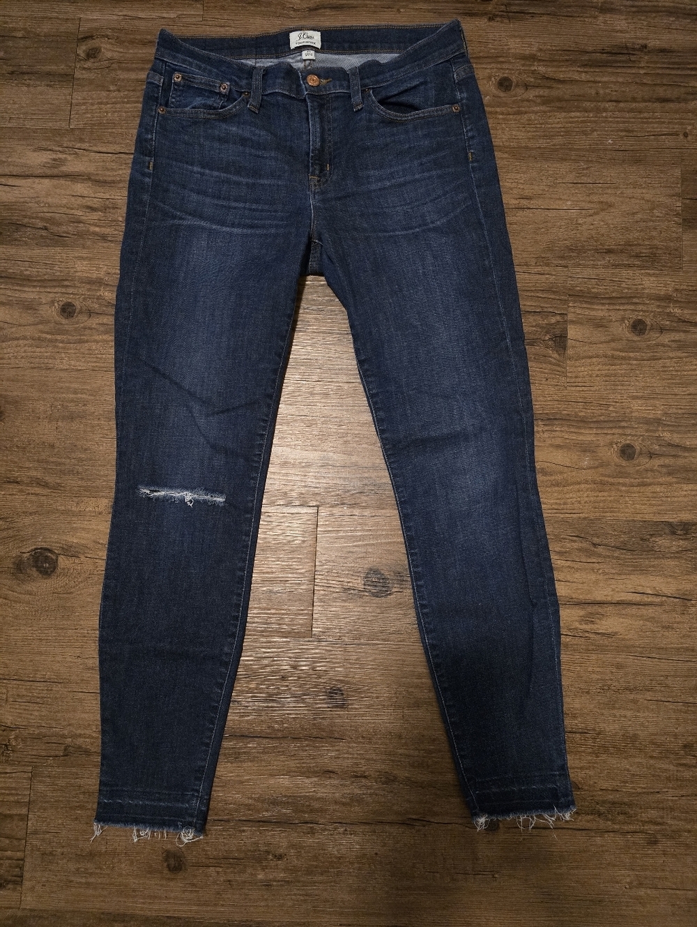 J. Crew Dark Blue Toothpick Skinny Jeans with Distressed Knee And Hem
